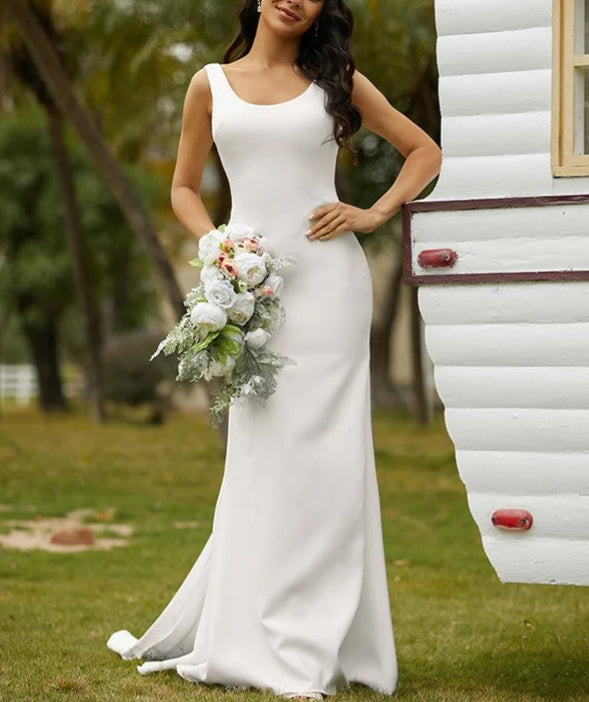 Sheath Column Stretch Crepe Bowknot Straps Sleeveless Sweep/Brush Train Wedding Dresses