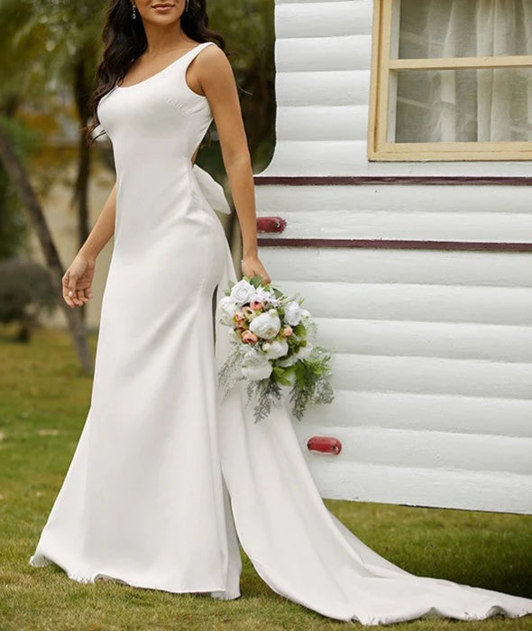 Sheath Column Stretch Crepe Bowknot Straps Sleeveless Sweep/Brush Train Wedding Dresses