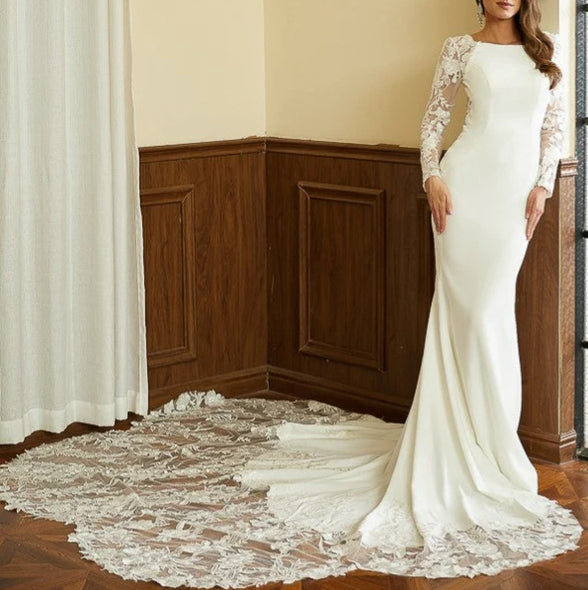 Mermaid Sheath Column Stretch Crepe Lace Scoop Long Sleeves Cathedral Train Wedding Dresses