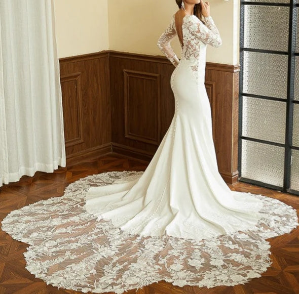 Mermaid Sheath Column Stretch Crepe Lace Scoop Long Sleeves Cathedral Train Wedding Dresses