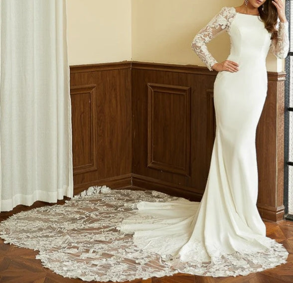 Mermaid Sheath Column Stretch Crepe Lace Scoop Long Sleeves Cathedral Train Wedding Dresses