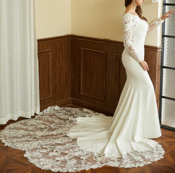 Mermaid Sheath Column Stretch Crepe Lace Scoop Long Sleeves Cathedral Train Wedding Dresses