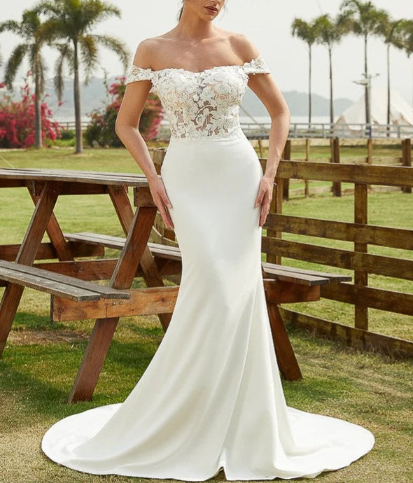 Sheath Column Stretch Crepe Lace Off-the-Shoulder Sleeveless Court Train Wedding Dresses