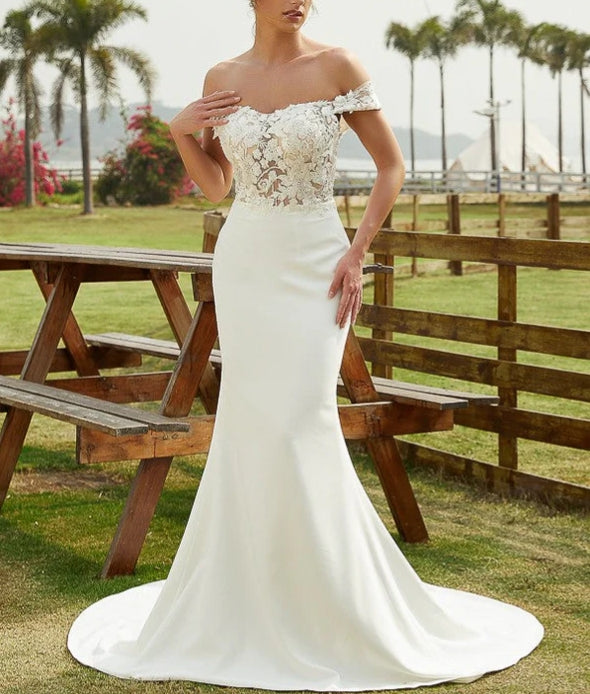 Sheath Column Stretch Crepe Lace Off-the-Shoulder Sleeveless Court Train Wedding Dresses