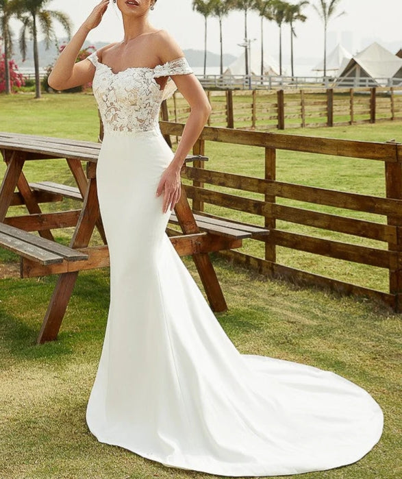 Sheath Column Stretch Crepe Lace Off-the-Shoulder Sleeveless Court Train Wedding Dresses