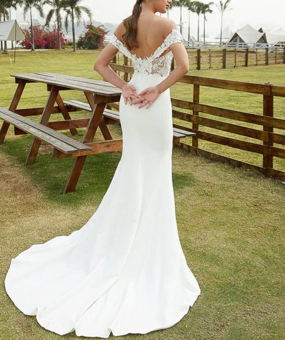 Sheath Column Stretch Crepe Lace Off-the-Shoulder Sleeveless Court Train Wedding Dresses