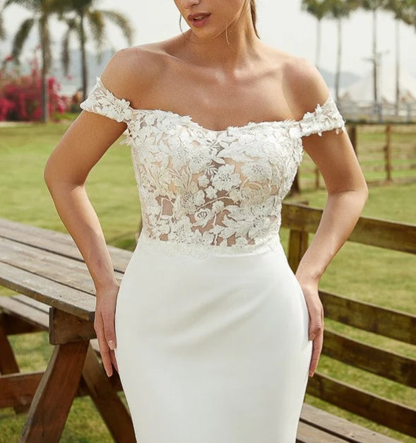 Sheath Column Stretch Crepe Lace Off-the-Shoulder Sleeveless Court Train Wedding Dresses