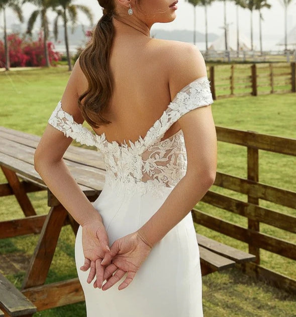 Sheath Column Stretch Crepe Lace Off-the-Shoulder Sleeveless Court Train Wedding Dresses