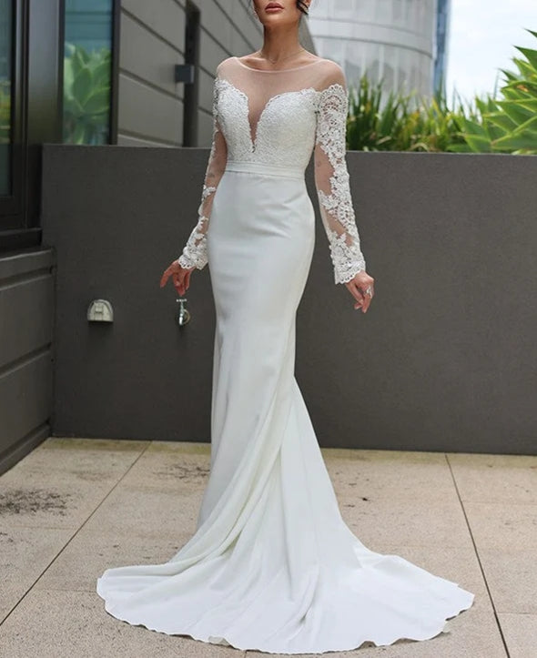 Sheath Column Stretch Crepe Lace Scoop Long Sleeves Sweep/Brush Train Wedding Dresses