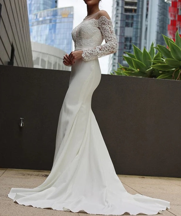 Sheath Column Stretch Crepe Lace Scoop Long Sleeves Sweep/Brush Train Wedding Dresses