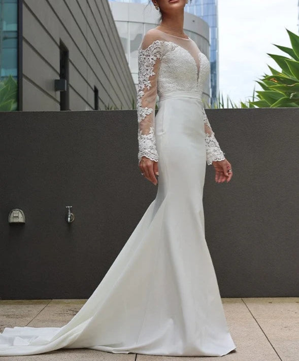 Sheath Column Stretch Crepe Lace Scoop Long Sleeves Sweep/Brush Train Wedding Dresses
