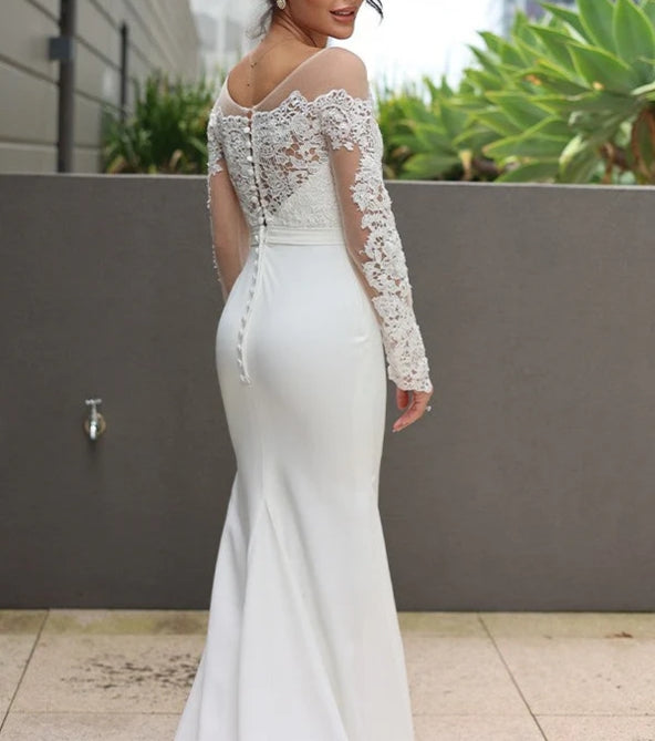 Sheath Column Stretch Crepe Lace Scoop Long Sleeves Sweep/Brush Train Wedding Dresses
