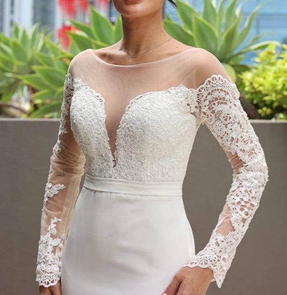 Sheath Column Stretch Crepe Lace Scoop Long Sleeves Sweep/Brush Train Wedding Dresses