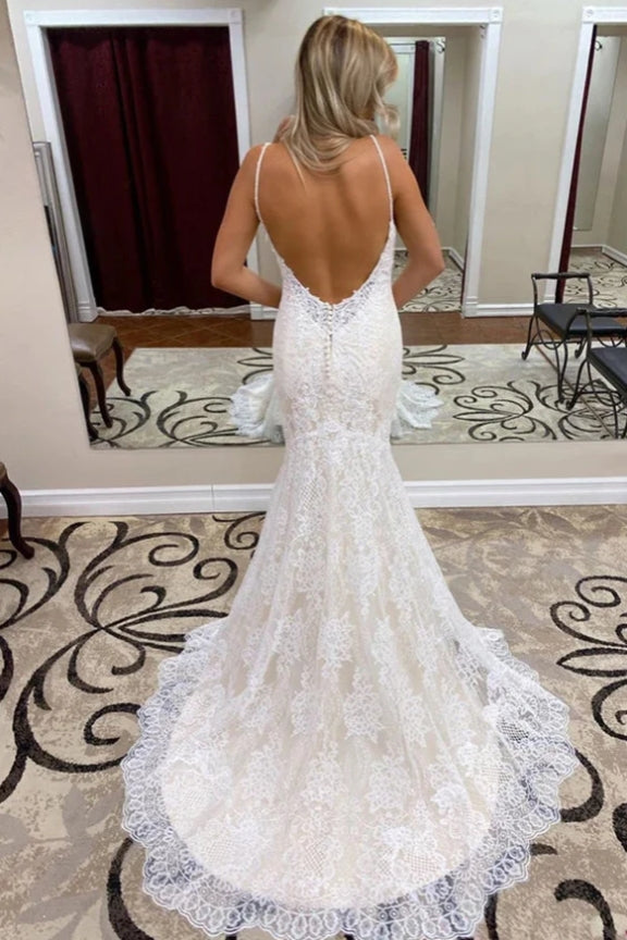 Spaghetti Straps Trumpet/Mermaid Lace Bridal Gonws Backless Wedding Dress