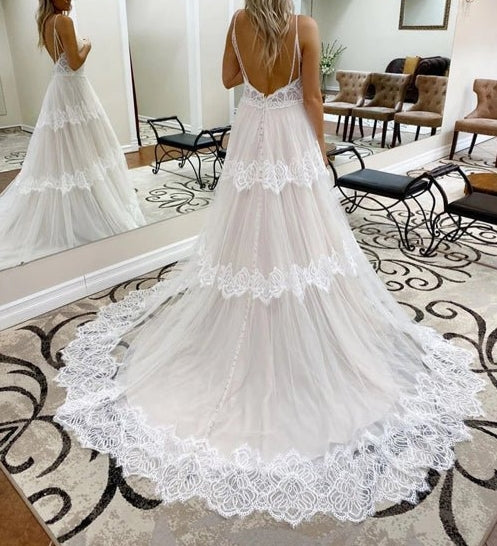 A-line Spaghetti Straps Lace Bridal Gonws Rustic Wedding Dress