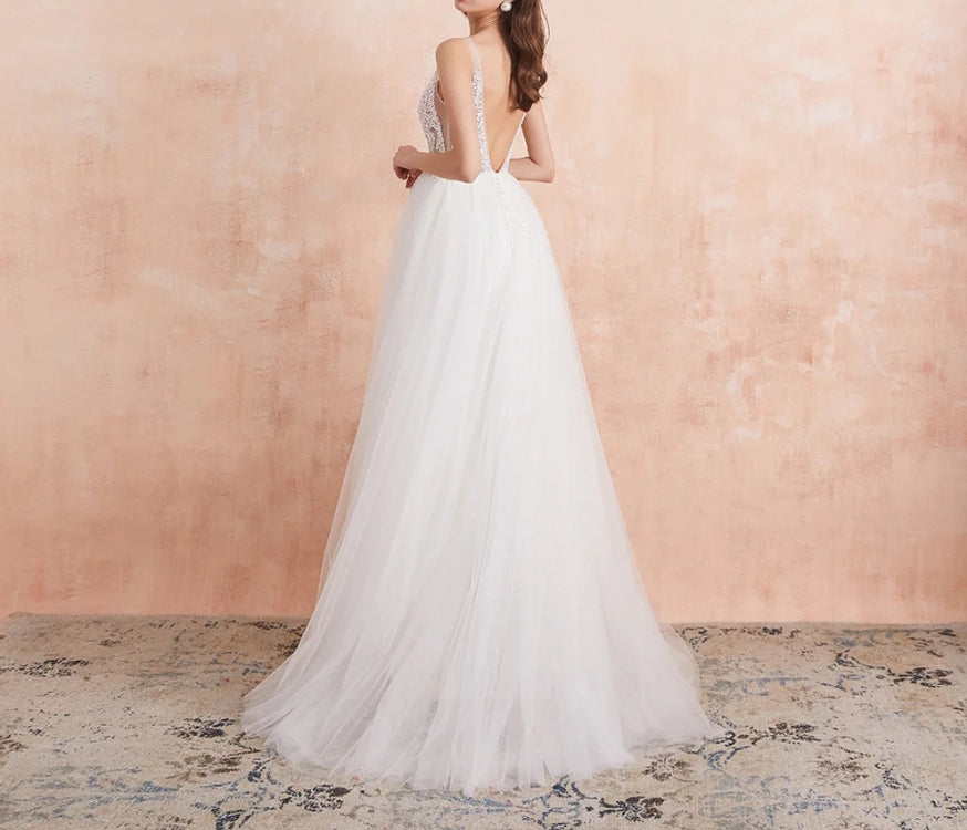 V Neck Wedding Dress White Ivory Sexy High Splits Beaded Beading Pearls Crystal A Line Backless Bridal Gown Vestido