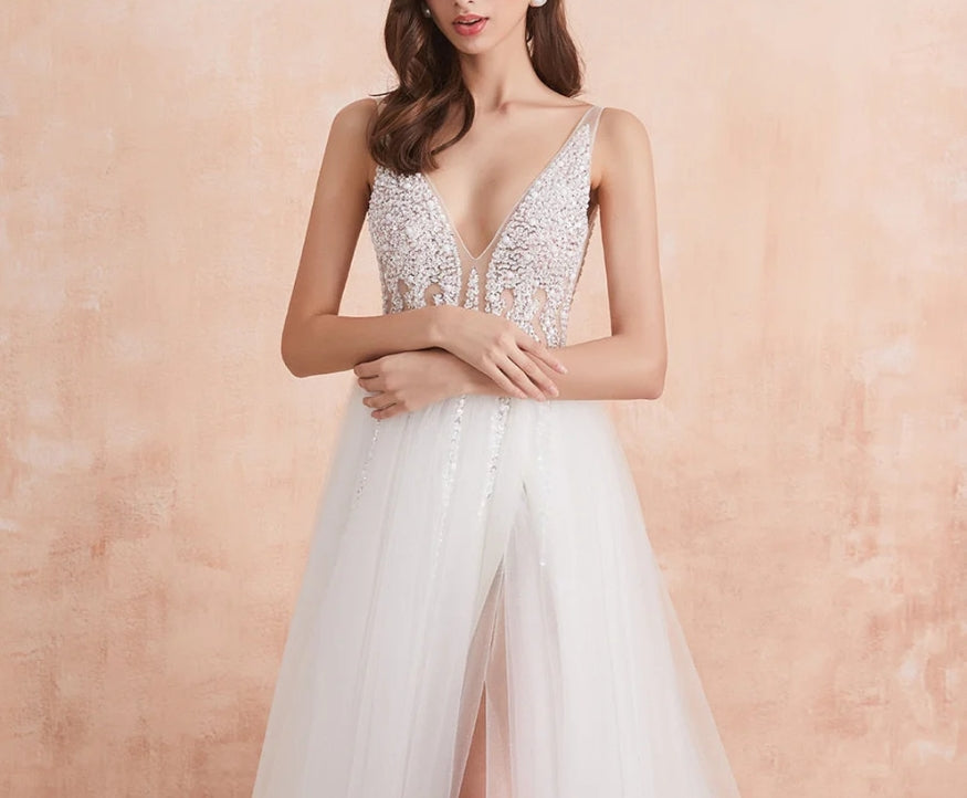 V Neck Wedding Dress White Ivory Sexy High Splits Beaded Beading Pearls Crystal A Line Backless Bridal Gown Vestido