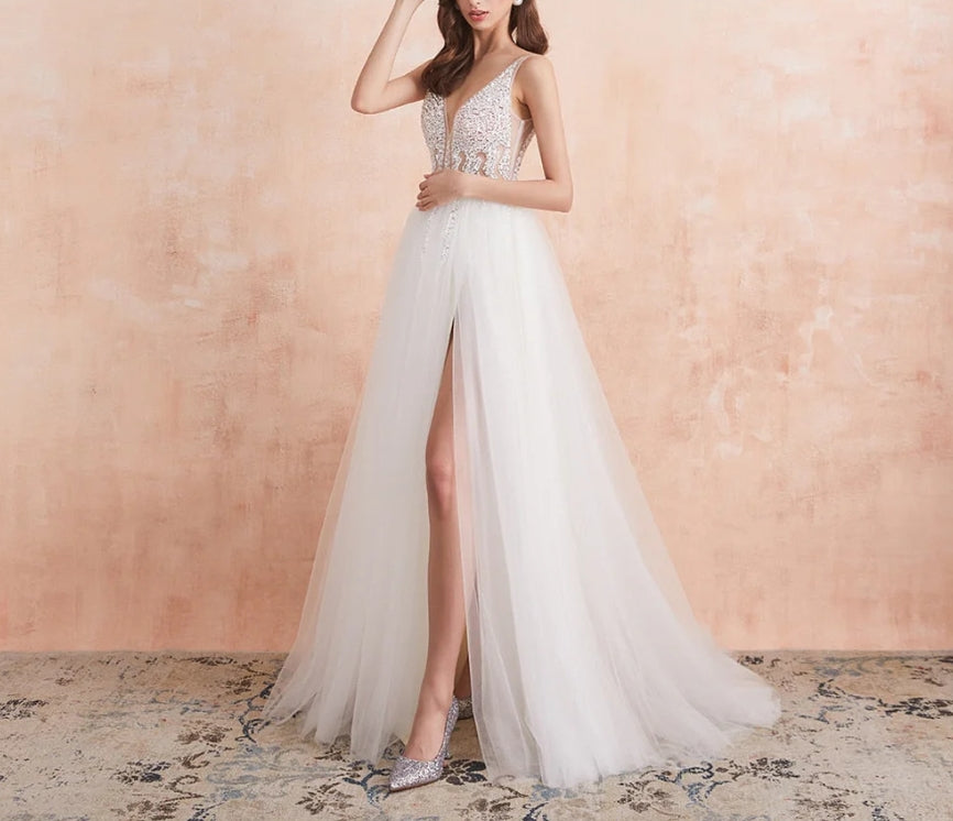 V Neck Wedding Dress White Ivory Sexy High Splits Beaded Beading Pearls Crystal A Line Backless Bridal Gown Vestido