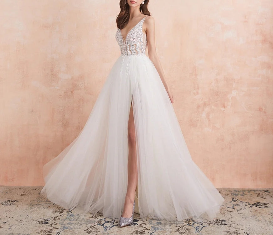 V Neck Wedding Dress White Ivory Sexy High Splits Beaded Beading Pearls Crystal A Line Backless Bridal Gown Vestido