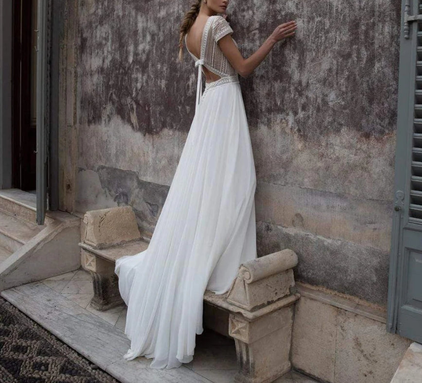 V Neck Wedding Dresses A Line Cap Sleeve Bride Dresses