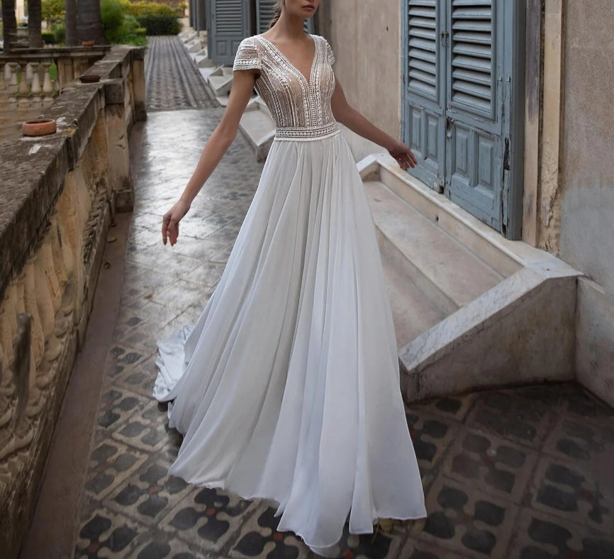 V Neck Wedding Dresses A Line Cap Sleeve Bride Dresses