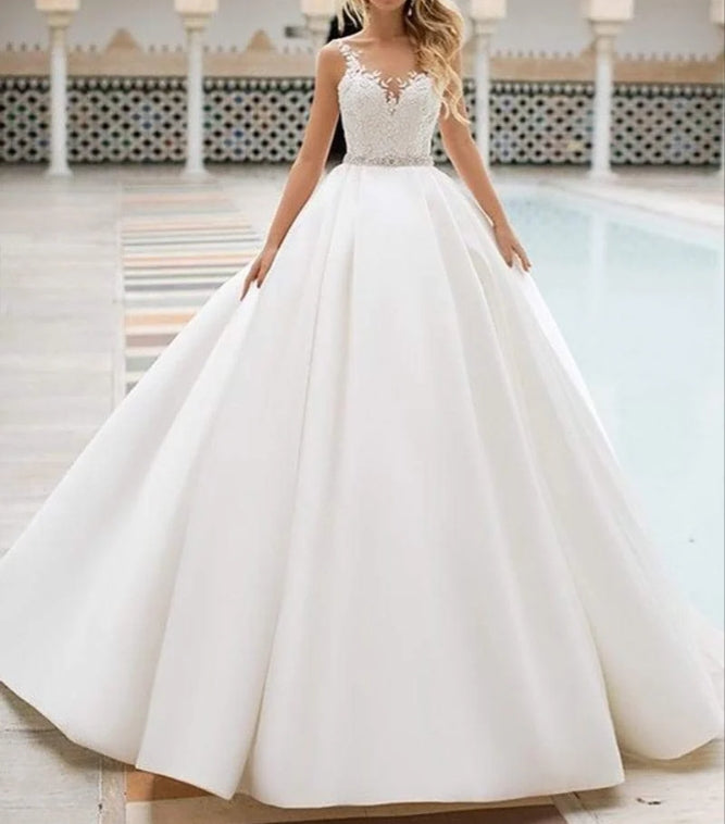 NumberSea Wedding Dress Lace Appliques Satin Bridal Dress