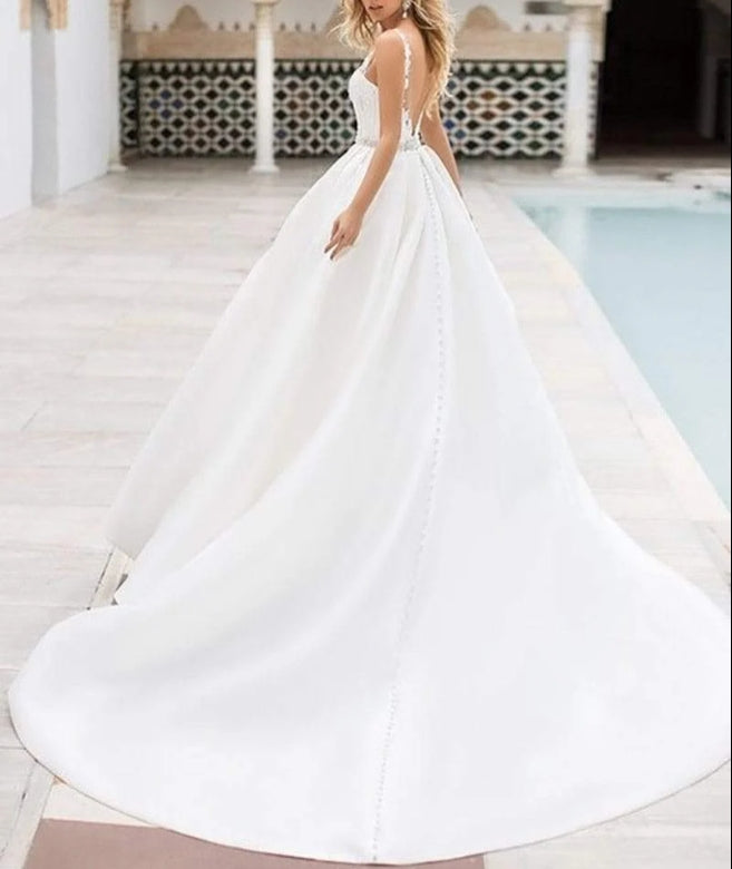 NumberSea Wedding Dress Lace Appliques Satin Bridal Dress