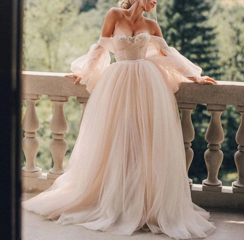 Wedding Dress Ball Gowns Long Puff Sleeve Champagne Off Shoulder Brilliant Brdal Gowns robe de mariée bohème vestidos de novia
