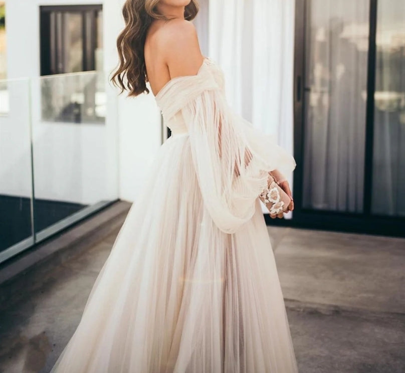Wedding Dress Ball Gowns Long Puff Sleeve Champagne Off Shoulder Brilliant Brdal Gowns robe de mariée bohème vestidos de novia