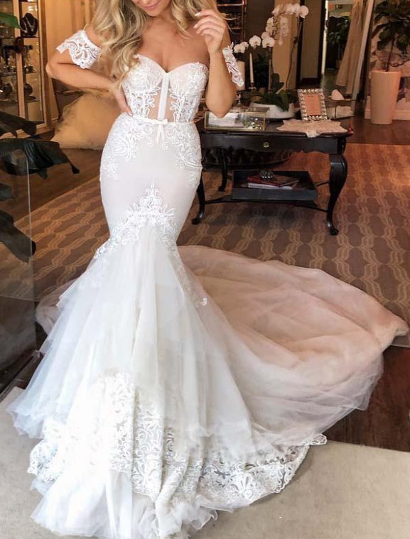 Tulle Mermaid Sweetheart Lace Appliques Wedding Dresses