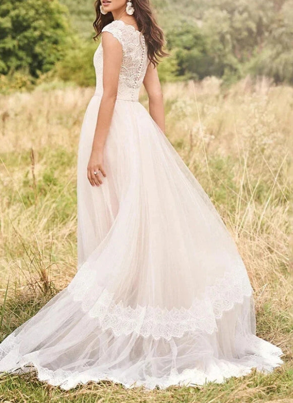 Tulle Lace A-line V-neck Cap Sleeves Rustic Wedding Dresses Bridal Gown