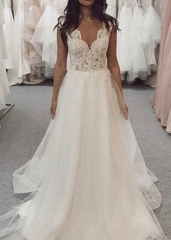 Tulle Lace A-line V-neck Cap Sleeves Wedding Dresses Bridal Gown