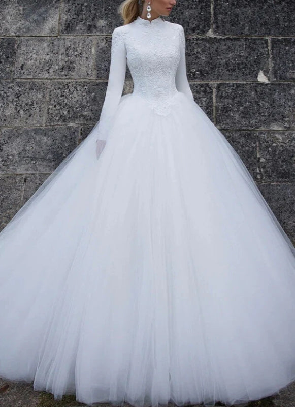 Tulle Ball Gown High Collar Long Sleeves Wedding Dresses Wedding Gown