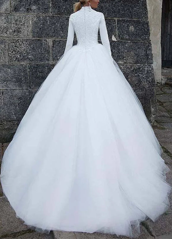 Tulle Ball Gown High Collar Long Sleeves Wedding Dresses Wedding Gown