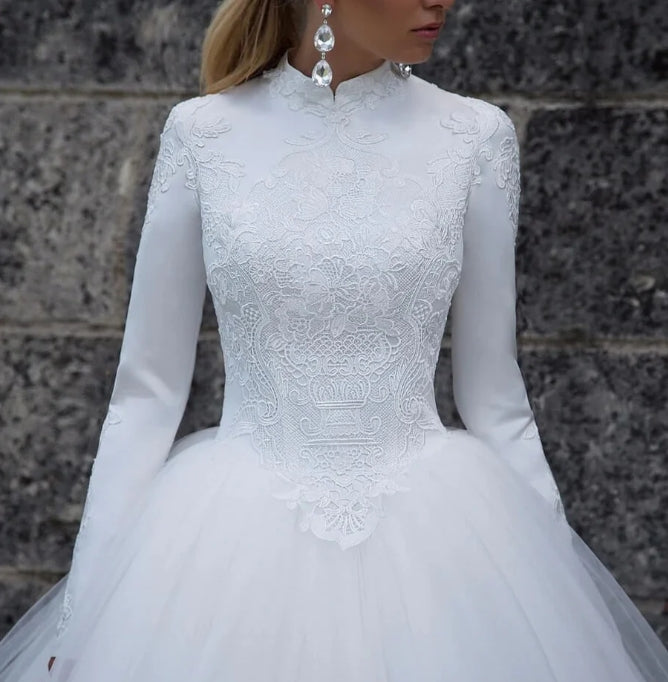 Tulle Ball Gown High Collar Long Sleeves Wedding Dresses Wedding Gown