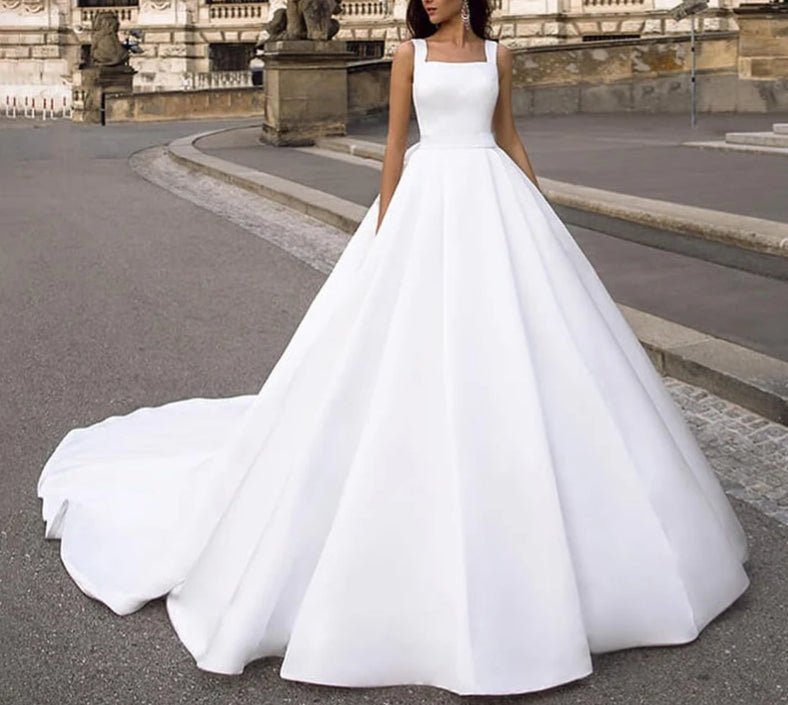 Satin Wedding Dress Buttons Pockets A Line Lace Bridal Dresses Princess Wedding Party Gown