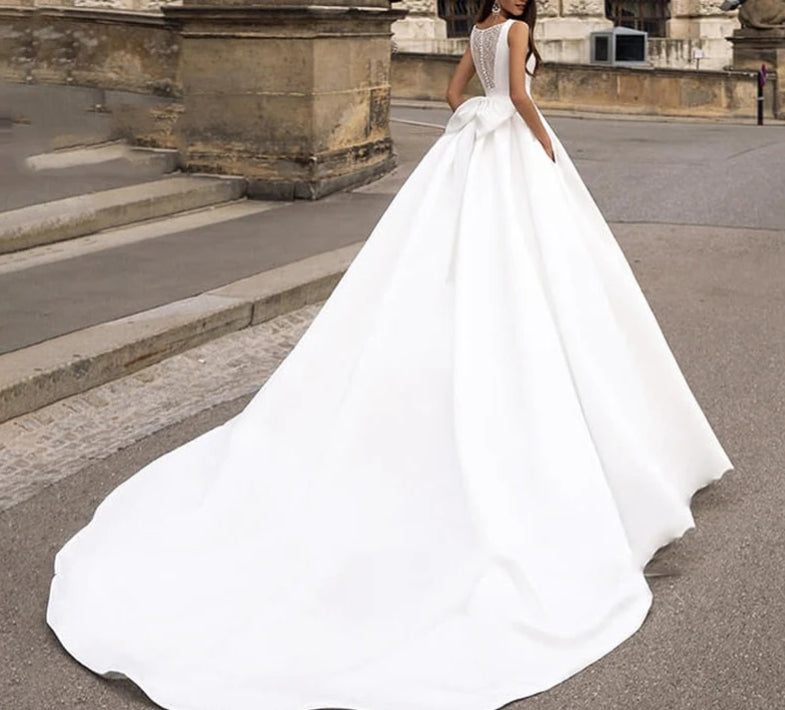Satin Wedding Dress Buttons Pockets A Line Lace Bridal Dresses Princess Wedding Party Gown