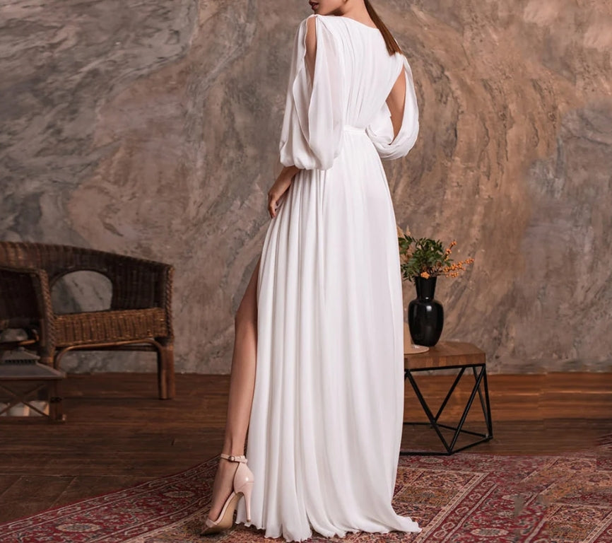 Simple Wedding Dress Sexy V Neck Long Sleeves Plain Chiffon A Line Beach Wedding Gown Side Slit Bridal Dresses