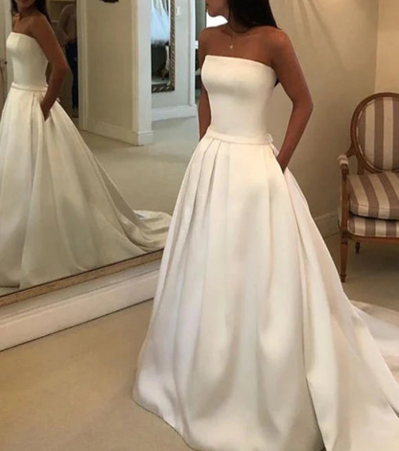 Straps Simple Ivory Satin A-line Pleated Wedding Dresses with Court Train Bridal Dresses