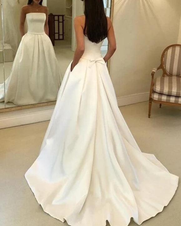 Straps Simple Ivory Satin A-line Pleated Wedding Dresses with Court Train Bridal Dresses