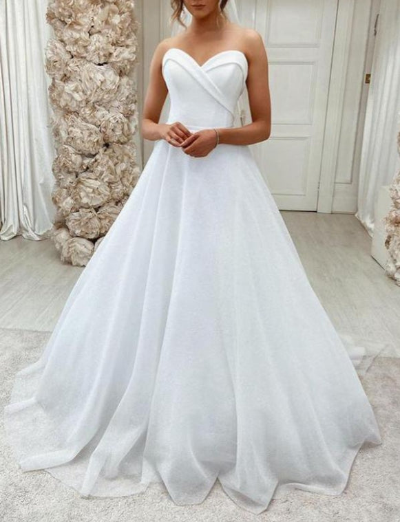 Sparkly White Tulle Lace A-line Sweetheart Sweep Train Wedding Dresses