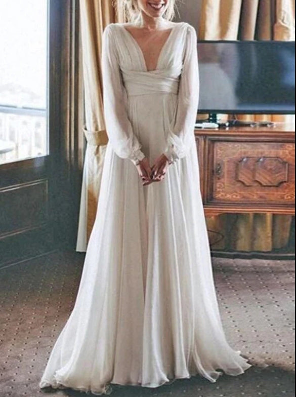 Simple Chiffon Long Sleeves A-line Floor Length Beach Wedding Dresses