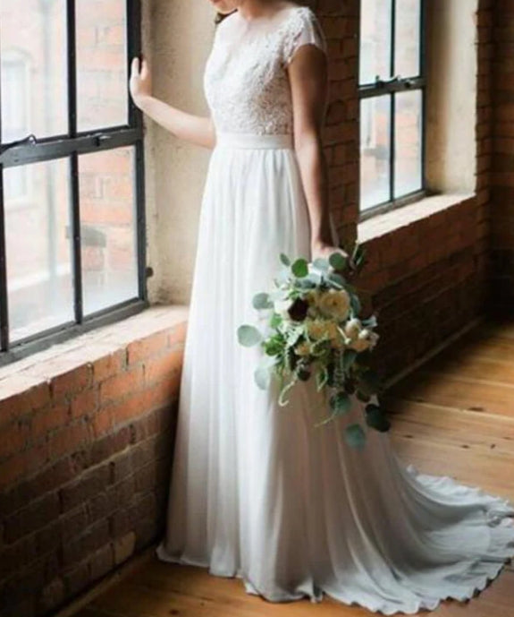 NumberSea Simple Chiffon Lace Scoop Open Back Sweep Train Wedding Dresses