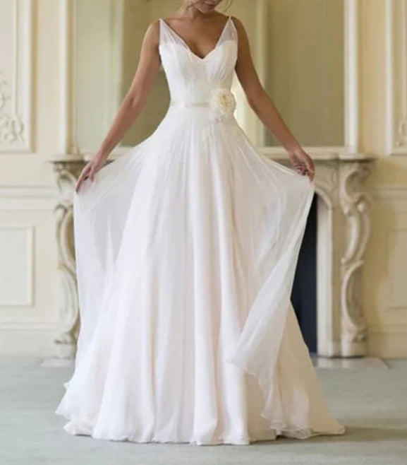 Simple Chiffon A-line V-neck Sleeveless Floor Length Beach Wedding Dresses