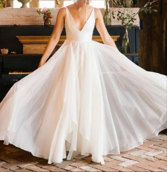 Simple Chiffon A-line Sleeveless Beach Wedding Dresses Bridal Gown