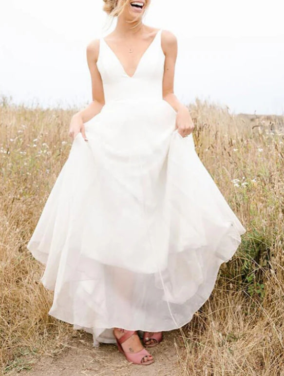 Simple Chiffon A-line Sleeveless Beach Wedding Dresses Bridal Gown