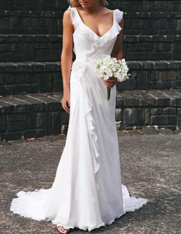 A-line V-neck Ruffles Beach Wedding Dresses Wedding Gown