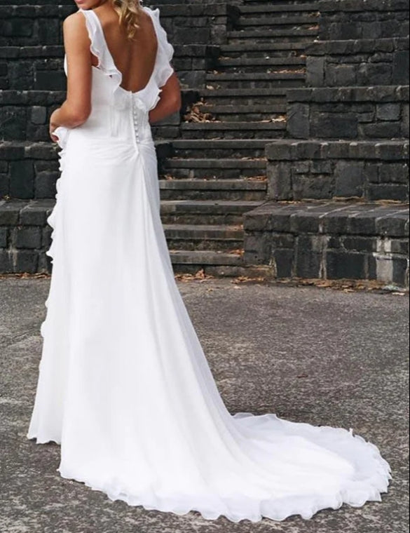 A-line V-neck Ruffles Beach Wedding Dresses Wedding Gown