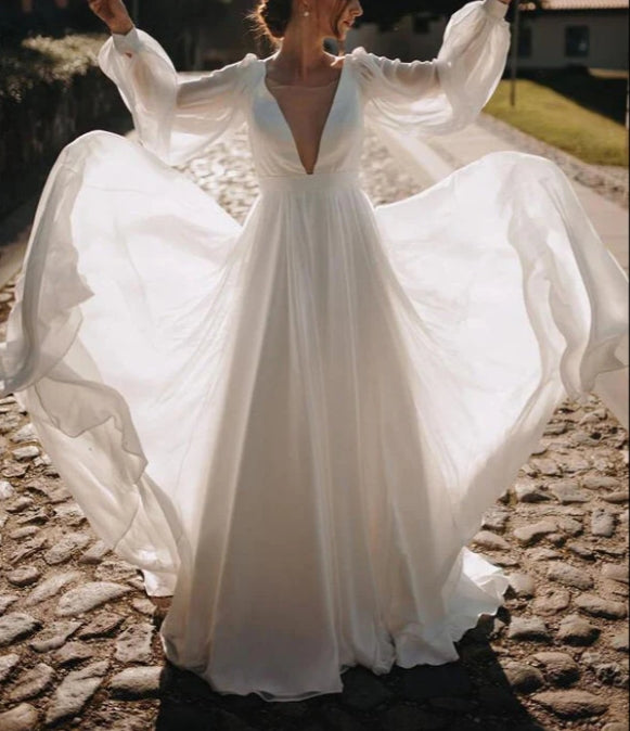 Simple Chiffon A-line Puffy Sleeves Beach Wedding Dress Bridal Gown