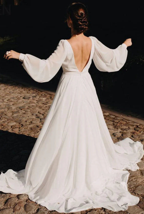 Simple Chiffon A-line Puffy Sleeves Beach Wedding Dress Bridal Gown
